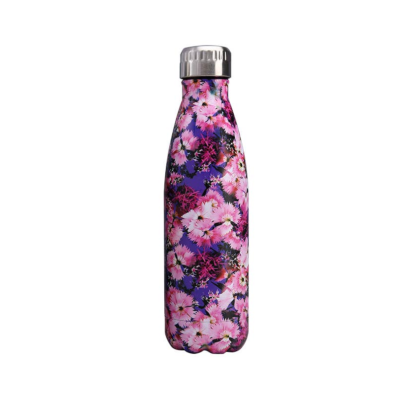 A reusable insulated water bottle with a vibrant pink and purple floral print, featuring a silver stainless steel cap, shown against a plain white background.