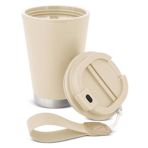 A beige insulated travel tumbler with a matching lid and wrist strap, shown on a clean white background.