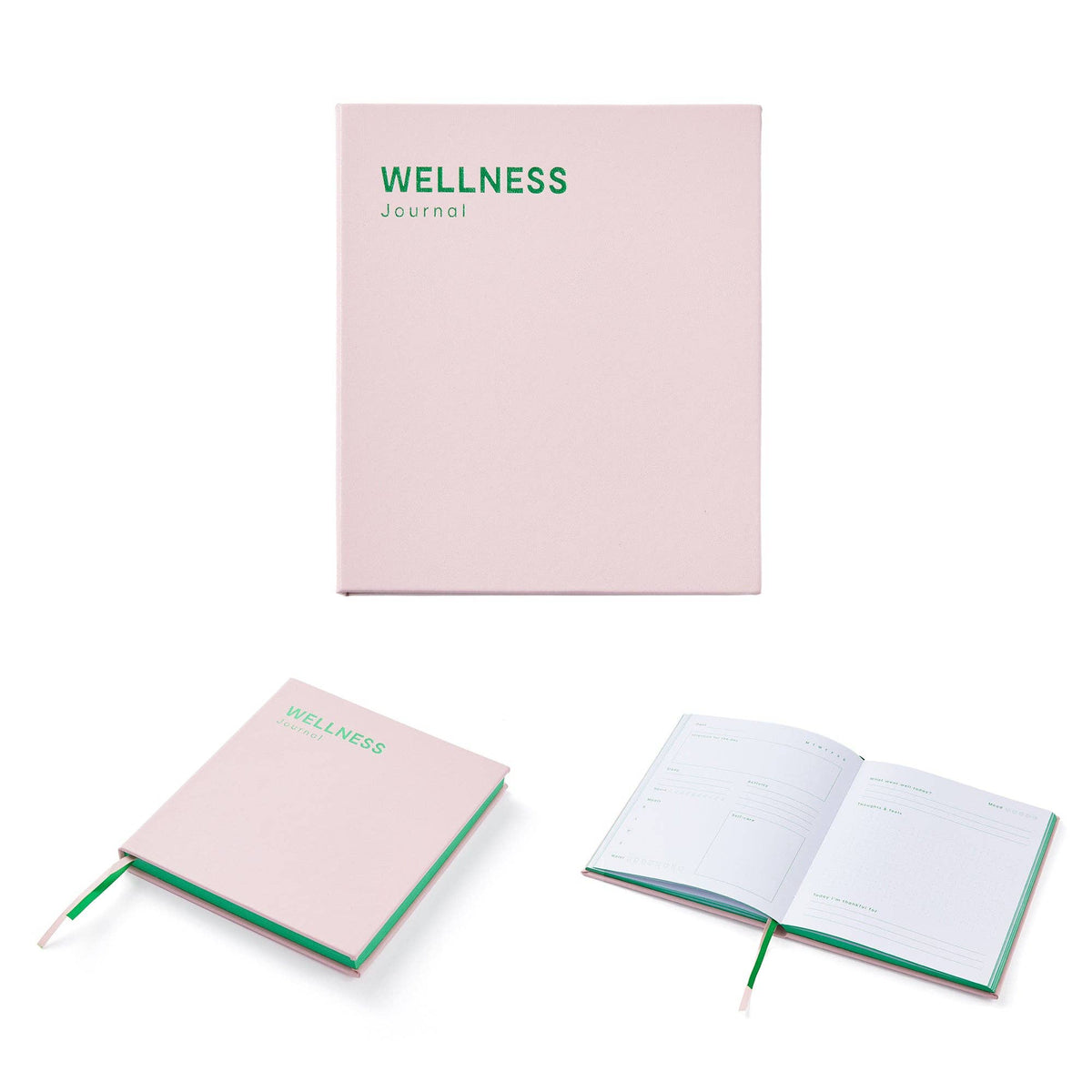 A pink journal shown in three views on a white background: a closed cover with green 'WELLNESS Journal' text, an open view showing the interior pages, and a closed view with a green ribbon bookmark.