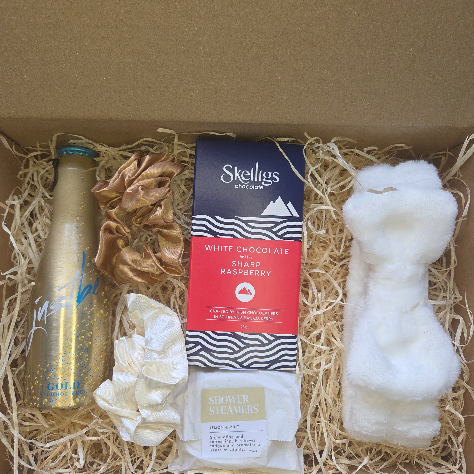 Gift set with Skelligs chocolate,  and other items in a box.