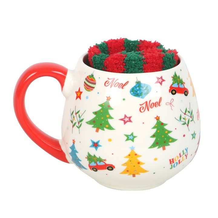 colourful Christmas mug with red handle and festive socks