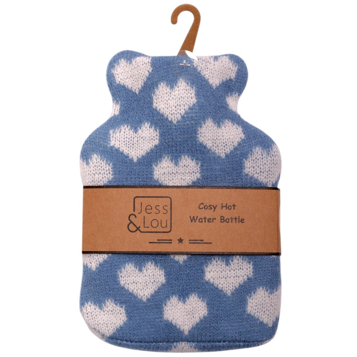 cornflower blue mini hot water bottle with white hearts