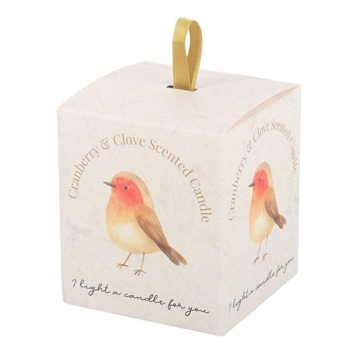 memorial candle with robin illustration and cranberry clove scent