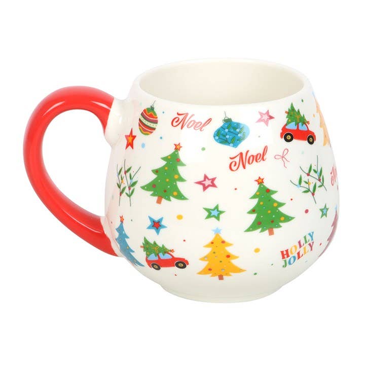 Decorative Christmas-themed mug with red handle on a white background
