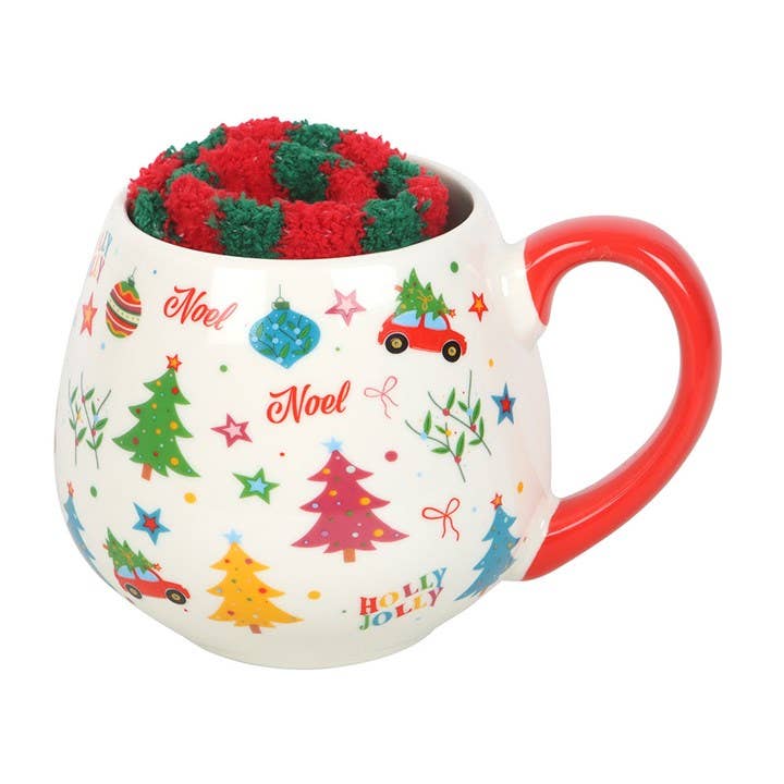 colourful Christmas mug with red handle and festive socks