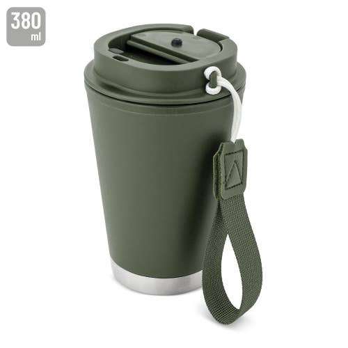Green insulated travel mug with handle 380ml