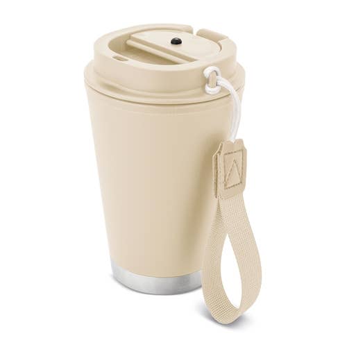 A reusable insulated travel tumbler in a light beige color, featuring a matching beige lid with a carry loop and a silver metallic base, shown on a plain white background.