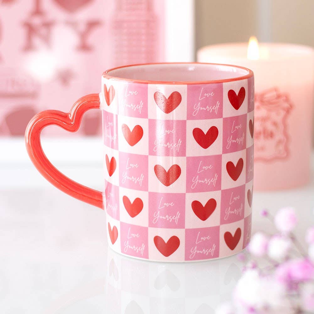 Love Yourself checkered mug with heart handle Ireland