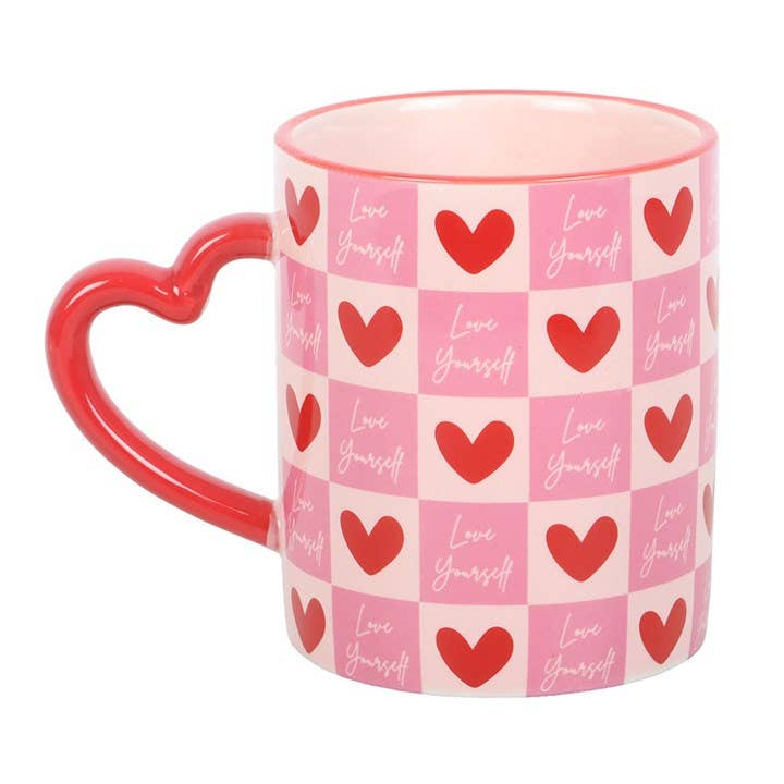 Love Yourself checkered mug with heart handle Ireland
