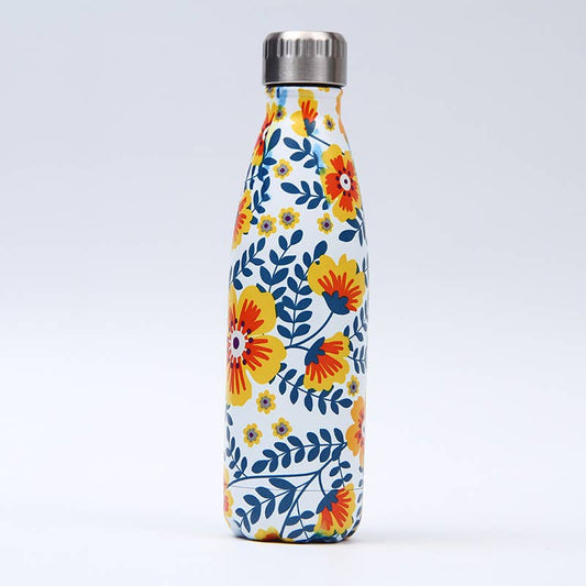 A reusable metal water bottle with a white background and a colorful floral pattern featuring yellow, orange, and blue flowers and leaves, topped with a silver screw cap.