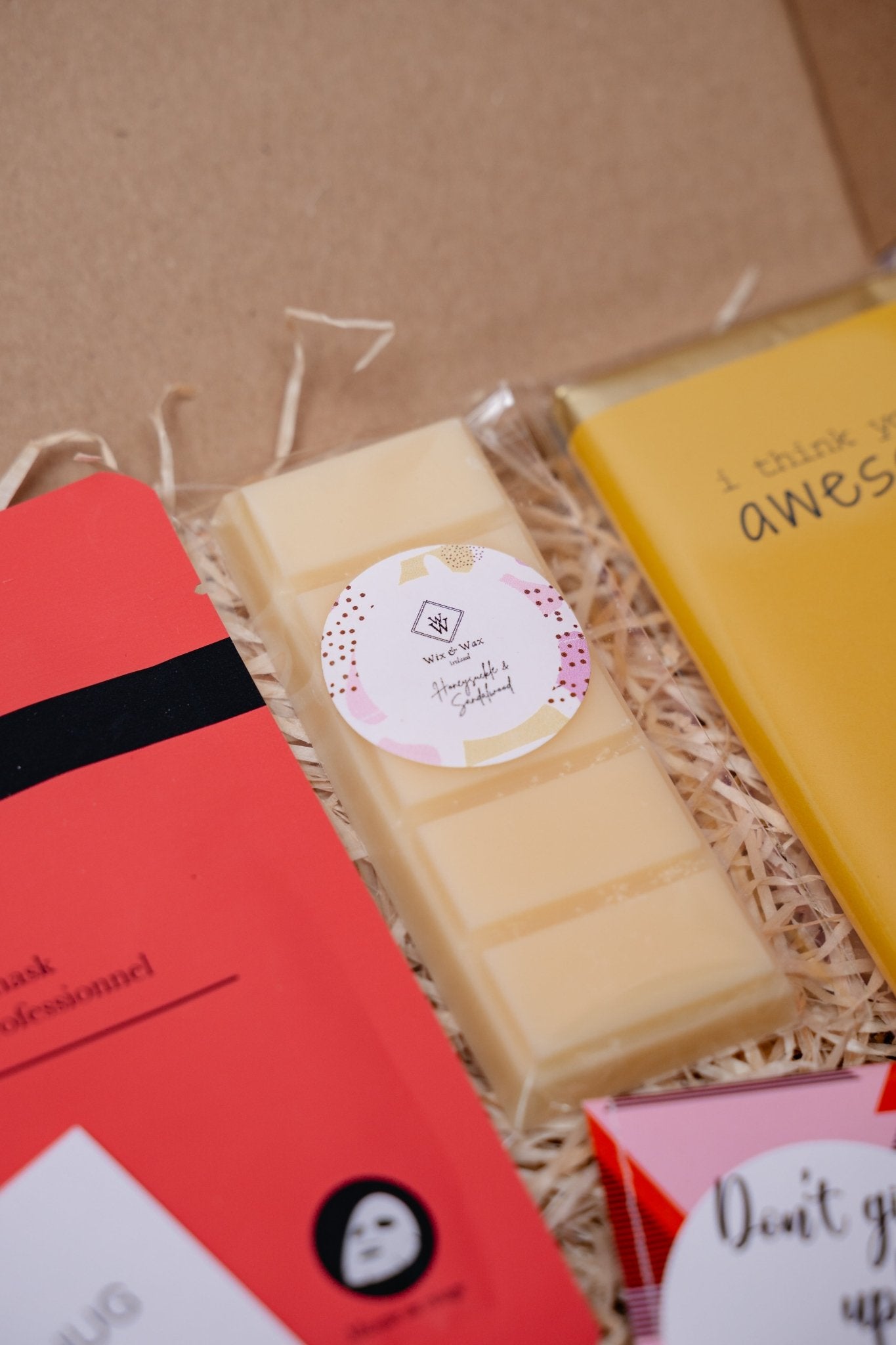 care package ireland with chocolate melt tea and mask